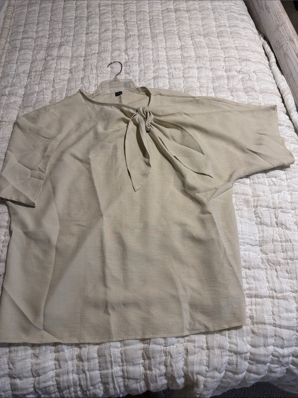 Cream Tie-Neck Short Sleeve Shirt
